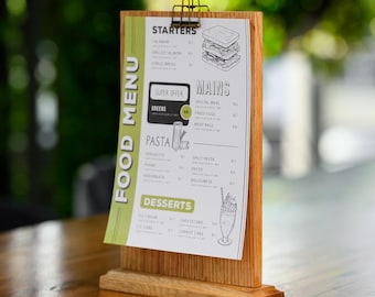 Oak Tabletop Menu Holder with Brass Clip - Half-Letter Restaurant Sign