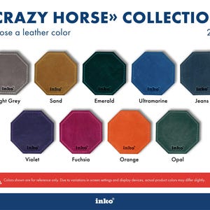 Crazy Horse genuine leather menu holder color chart displaying nine more natural-look leather shades for InkoHoreca hospitality covers: Light Grey, Sand, Emerald, Ultramarine, Jeans, Violet, Fuchsia, Orange, and Opal swatches with visible grain and patina character, helping restaurant and cafe buyers compare tones before choosing a custom-branded genuine leather menu holder, check presenter, or bill presenter for bulk wholesale ordering across venues and multi-location chains.