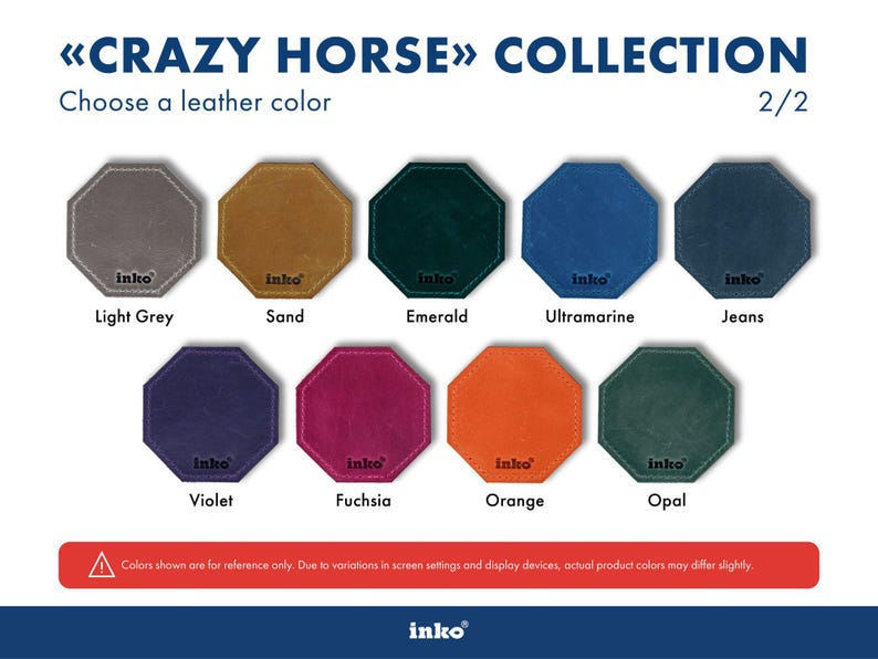 Crazy Horse genuine leather menu holder color chart displaying nine more natural-look leather shades for InkoHoreca hospitality covers: Light Grey, Sand, Emerald, Ultramarine, Jeans, Violet, Fuchsia, Orange, and Opal swatches with visible grain and patina character, helping restaurant and cafe buyers compare tones before choosing a custom-branded genuine leather menu holder, check presenter, or bill presenter for bulk wholesale ordering across venues and multi-location chains.
