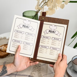 Tablero de menú de restaurante para hojas intercambiables, cubierta de menú duradera hecha de HDF enchapado, soporte de menú con logotipo, portamenús personalizado