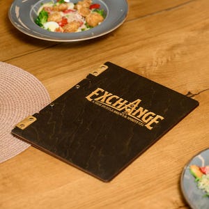 Custom Drink Menu Holder with Color Logo Engraving, Hospitality Menu Cover, Personalized Bar and Restaurant Cocktail Menu Folder Decor