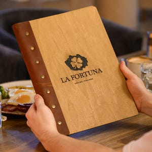 Engraved Wooden Menu Folder: Custom Restaurant Menu Cover with Leather Strap