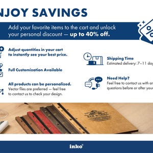 Bulk savings infographic on navy blue background. Tiered discount pricing structure for custom menu covers. Free personalization. Up to 40% off on larger orders. Clean layout with icons and short text blocks. Aimed at buyers ordering for a full restaurant. The grey stone-textured cover is shown here as part of the wider product range — available at the same bulk pricing as all other finishes, with the same personalization options for logo engraving on the front.