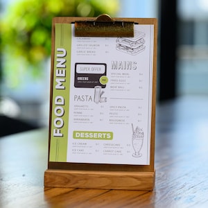 Suporte de mesa 2 em 1 e quadro de menu para folhas A5/A4 – Suporte de placa de mesa de madeira para restaurantes, casamentos e expositores de varejo