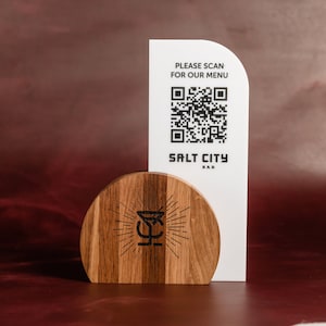 Acrylic QR Menu Stand with Logo, Unique Menu Holder, Wooden Menu Stand, Social Media Sign, Custom Acrylic Sign