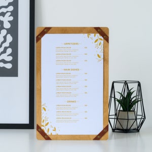 Menu en bois avec fixations d’angle, logo personnalisé, idéal pour restaurants, tableaux de menus, livres de mariage et couvertures