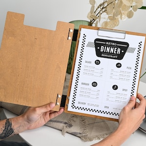 Pasta de menu de madeira com fichário, prancheta de menu personalizada, suporte de menu com gravação de logotipo, pasta de menu para folhas trocáveis