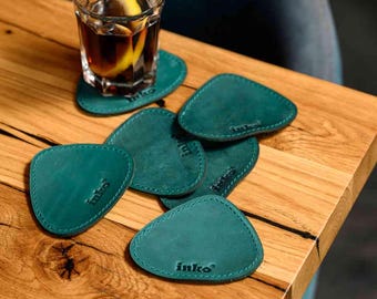 Leather Coaster Set, Drop-Shaped Personalized Drink Mats, Set of 5