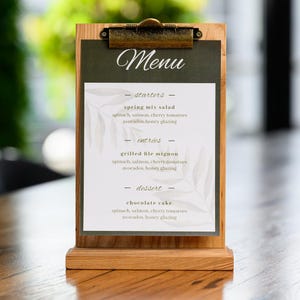 Suporte de menu de mesa, suporte de menu de bar de café com fichário, suporte de placa de varejo, suporte de mesa com gravação de logotipo, suporte de promoção de mesa