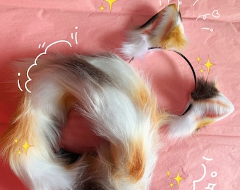 Fluffy Cute Cat Ears and Tail Set Cosplay,Kitten Ears and Tail Set,Faux Fur Animal Ears and Tail Cosplay,Lolita Cat Ears Headband,Neko Ears