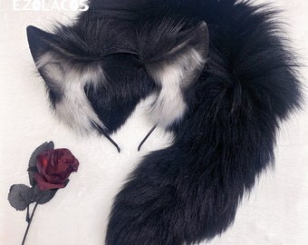 Realistic black wolf ears and tail set cosplay,Black Werewolf ear headband,Wolf tail,White/gray/brown wolf ear cosplay,Fursuit ears,tail