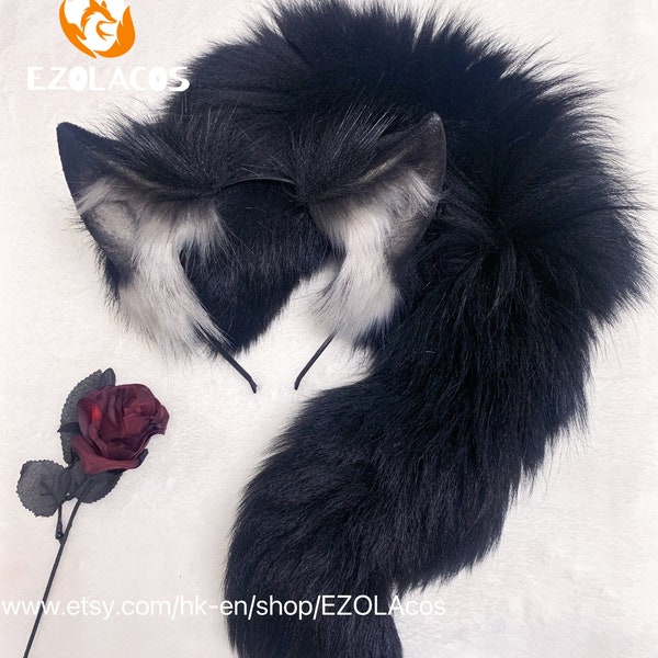 Realistic black wolf ears and tail set cosplay,Black Werewolf ear headband,Wolf tail,White/gray/brown wolf ear cosplay,Fursuit ears,tail