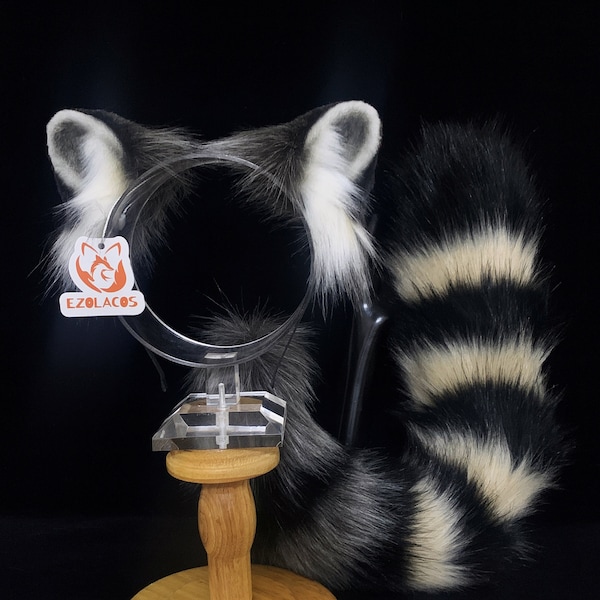 Realistic Raccoon Ears and Tail Set,Animal Ears and Tail Set,Halloween Cosplay Beast Ears and Tail,Lesser Panda Ears and Tail Set,Tail Plug