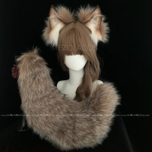 Realistic Fox Wolf Ear and Tail Cosplay Set,Wolf Tail and Ears Headband,Christmas Gift,Wolf Fox Tail Butt Plug for Adult,Animal Ear and Tail