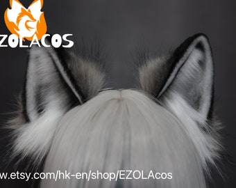 Bandeau réaliste d’oreilles de loup gris, oreille de loup-garou noir, oreille de loup gris, cosplay d’oreilles de loup gris, cosplay d’oreille d’animal d’Halloween, oreilles et queue de Fursuit