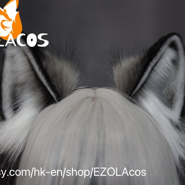 Bandeau réaliste d’oreilles de loup gris, oreille de loup-garou noir, oreille de loup gris, cosplay d’oreilles de loup gris, cosplay d’oreille d’animal d’Halloween, oreilles et queue de Fursuit