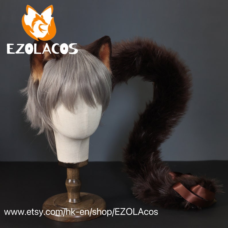 Dark Brown Cat Ears and Tail,Kitten Ears and Tail Cosplay,Halloween Costume,Animal Fursuit,Plush Animal Ear,Cosplay Party Accessory,Tail SVG image 6