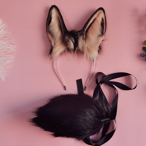 Tail OR Ears & Tail SET; Realistic Faux Fur Black-White Spotted Headband Ears 