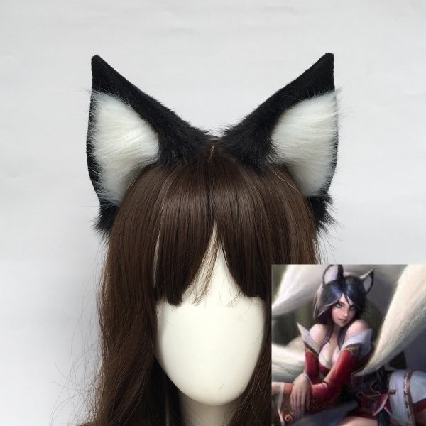 4" LOL League of Legends Ahri Realistic Black Fox Ears with White Furry Inner,Nine-Tails Fox Realistic Cosplay Ears Headband,Black Wolf Ear