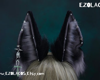 Realistic Anubis wolf ear,Black Gray beast ear,Faux fur ear,Dieb ear,Wolf ear headband,Anime ear,Wolf cosplay ear,Aritificial furry ears