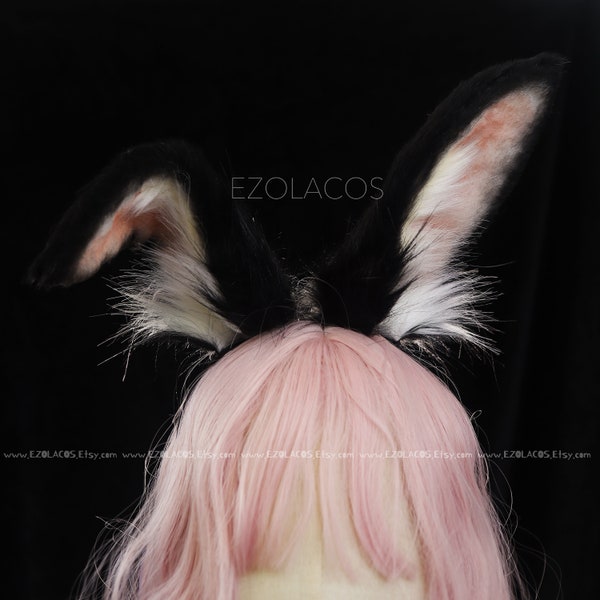 7.5"Black bunny ear and tail set cosplay,Rabbit eas and tail,Faux fur ears and tail,Rabbit ear headband,Pet play toy,Animal ears and tail