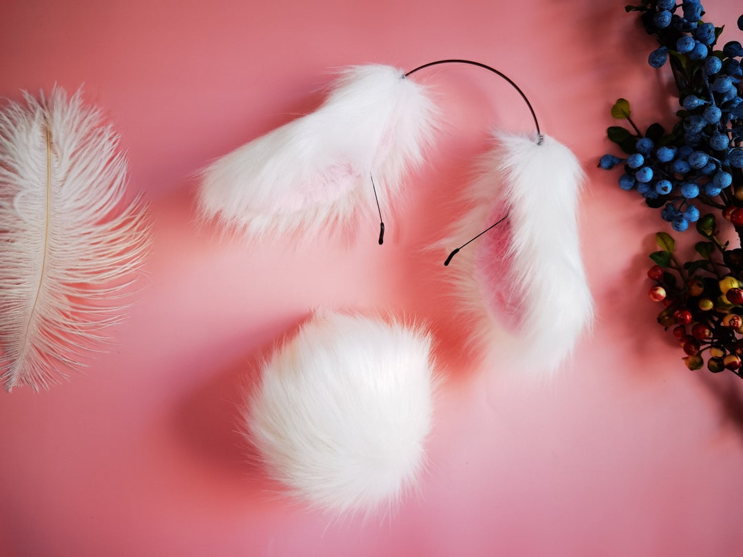 Kawaii White Bunny Ears and Tail Set,whitepink Rabbit Ears and Tail