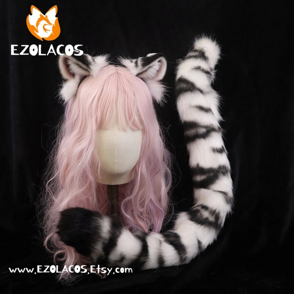 2,8 "weiß / gelbe Tiger Ohren Stirnband, Tierohren, Halloween Beast Ohren Geschenke, Cosplay Kostüm Ohren, paar Tier Ohren und Schwanz Set Cosplay