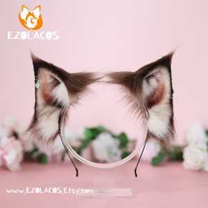 Realistic Cat Ears and Tail Set,Dark Brown Cat Ears and Tail,Kitten Plush Ears  Headband,Black/White/Brown/Coffee Color Animal Ears Headband