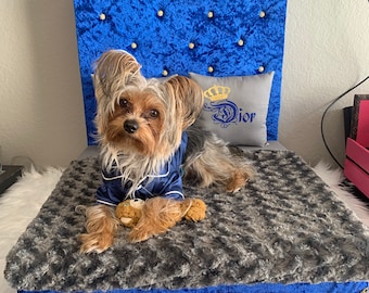 Könnte beinhalten: Ein blaues Samt-Hundebett mit einem grauen Kunstfellkissen. Das Bett hat ein gestepptes Kopfteil mit einer goldenen Krone und dem Wort "Dior" auf einem Kissen gestickt. Ein kleiner Yorkshire Terrier, der einen blauen und weißen Schlafanzug trägt, liegt auf dem Bett.