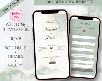 Digital Wedding Invitation & RSVP - Mini Wedding Website - Green Sage Marble Theme - Elegant - Watercolour Electronic Mobile Invite