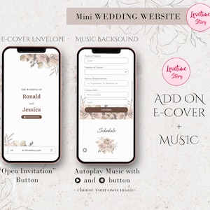 以下が含まれることがあります： 2つのスマートフォンが、結婚式のウェブサイトのデザインを表示しています。1つはロナルドとジェシカへの招待状、もう1つはゲスト情報用のフォームです。テキストには「ミニウェディングウェブサイト」、「E-カバーエンベロープ」、「ミュージックバックサウンド」が含まれています。