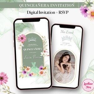 Quince Invitation RSVP Online Digital Quinceanera Spanish Emerald Green Butterfly Mis Quince Invites 15th Birthday Invitation Mini Website