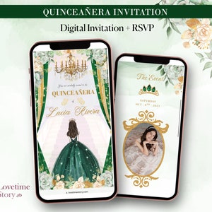 Invitación de quinceañera con confirmación de asistencia en línea, invitaciones Mis Quince, mini sitio web de invitación de cumpleaños número 15, invitación móvil de oro con flor verde esmeralda