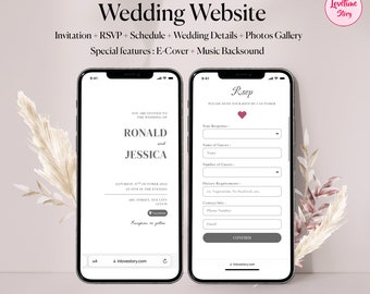 May include: A mockup of a wedding website on a smartphone screen. The website features a wedding invitation with the names Ronald and Jessica, and a RSVP form with a pink heart icon.