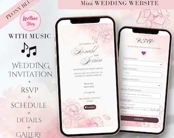 WITH MUSIC Wedding Website Invitation Online Digital & RSVP - Flower Pink Blush - Personalized - Responsive All Platform - Modern Minimalist