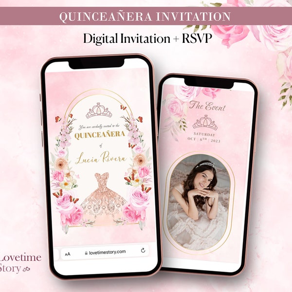 Quinceanera Invitation with RSVP Online, Mis Quince Invites, 15th Birthday Invitation Mini Website, Pink Floral Electronic Mobile Invite