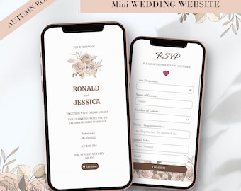 May include: A mobile phone screen displaying a wedding invitation for Ronald and Jessica. The invitation features a floral design with the date and time of the wedding. The second screen shows an RSVP form with fields for guest name, number of guests, dietary requirements, and contact information.