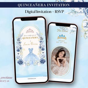 Blue Floral Quinceanera Invitation with RSVP, Mis Quince Digital Invite, 15th Birthday Mobile Website, Cinderlella, Elegant Blue Theme