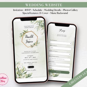 Könnte beinhalten: Der Bildschirm eines Mobiltelefons zeigt eine Hochzeitseinladung mit einem grünen und goldenen Blumendesign. Die Einladung enthält die Namen "Ronald und Jessica" und das Datum "8. Oktober 2023". Der zweite Bildschirm zeigt ein RSVP-Formular mit Feldern für den Namen des Gastes, die Anzahl der Gäste, die Ernährungsanforderungen und die Kontaktinformationen.