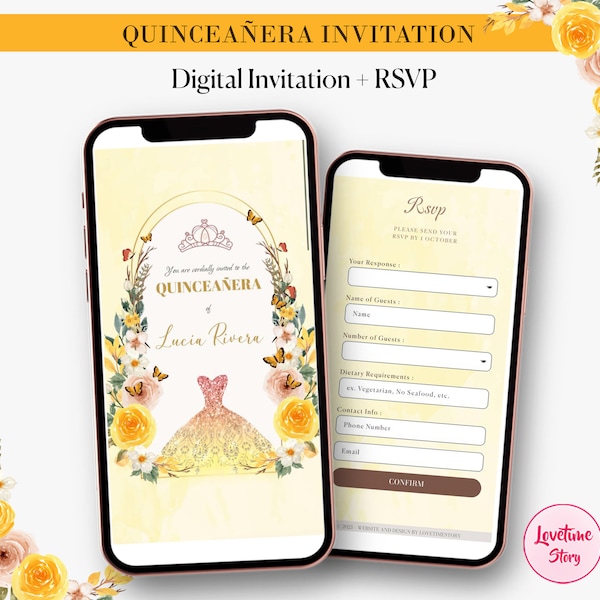 Quinceanera Invitation with RSVP Online, Mis Quince Invites, 15th Birthday Invitation Mini Website, Floral Electronic Mobile Invite