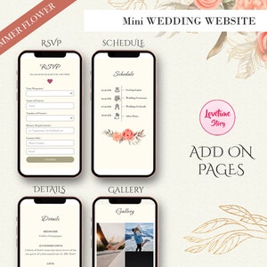 May include: A digital mockup showcasing a mini wedding website design. The design includes RSVP, schedule, details, and gallery pages displayed on smartphones. The color scheme is soft, with floral accents and the text "Mini Wedding Website".
