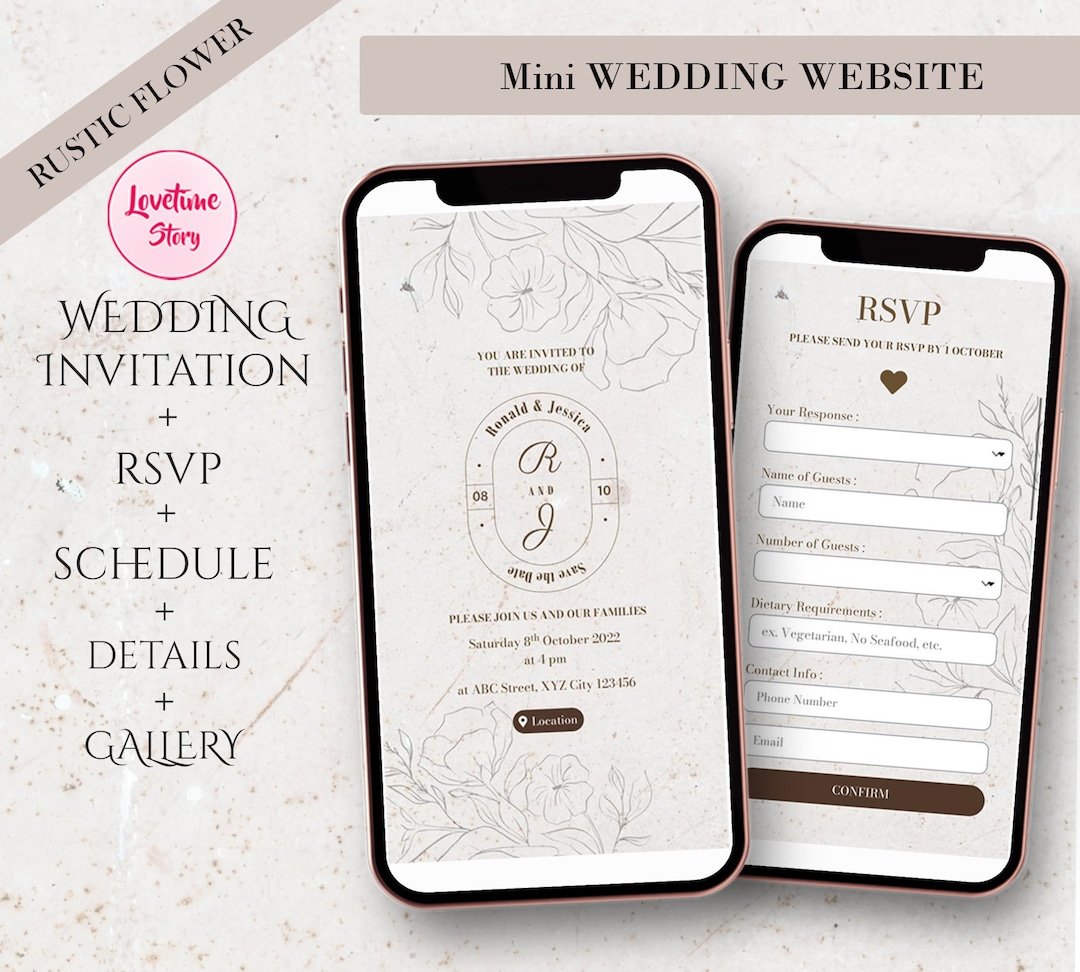 Digital Wedding Invitation &amp; RSVP - Mini Wedding Website - Rustic ...