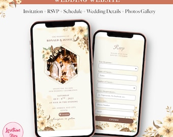May include: A mobile phone screen displaying a wedding invitation for Ronald and Jessica. The invitation features a floral design and a photo of the couple. The text reads "The Wedding of Ronald & Jessica" and "Invite you to join our wedding celebration Saturday Oct 8th, 2023 at five in the evening ABC Street, XYZ City 123456 Location Reception to follow".