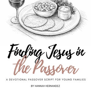 May include: A book cover illustration featuring the title "Finding Jesus in the Passover" and the subtitle "A Devotional Passover Script for Young Families." The image shows a plate of food, a glass of wine, and the text "Babies in the Word."