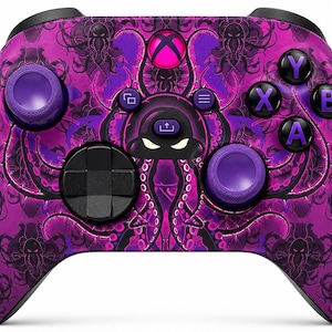 May include: A wireless video game controller featuring a vibrant magenta and purple octopus-themed pattern. The device includes a central Xbox button, black directional pad, two purple thumbsticks, and four black action buttons labelled A, B, X, and Y.