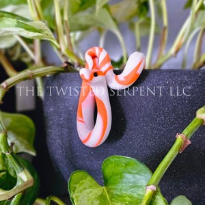 May include: A handcrafted polymer clay snake figurine in white and orange stripes, with a black dot for an eye. The snake is curled and positioned in front of a dark gray pot with green plants. The text "THE TWISTED SERPENT LLC" is visible.