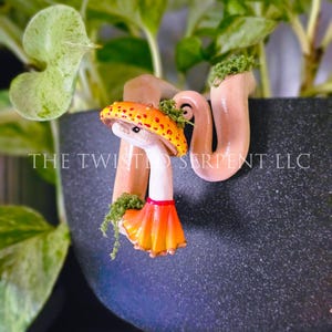 May include: A whimsical, handcrafted mushroom-shaped plant pot hanger. The mushroom has a white stem, an orange cap with yellow spots, and a bright orange skirt. The hanger is a light brown color and has the text "THE TWISTED SERPENT LLC".
