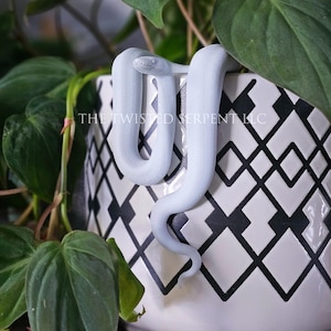 May include: A white snake with a light blue hue is coiled around a white ceramic planter with a black and white geometric pattern. The planter is sitting on a wooden surface. The text "THE TWISTED SERPENT LLC" is visible on the planter.