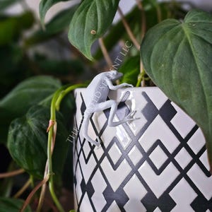 May include: A white ceramic planter with a black geometric diamond pattern, with a gray frog figurine climbing the side. Lush green leaves of a houseplant surround the planter, creating a natural aesthetic.