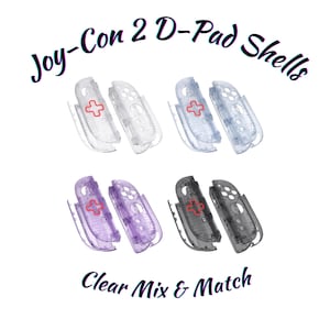 May include: Clear Joy-Con 2 D-Pad shells in four color variations: clear, blue, purple, and black. Each shell features a red cross design. The text "Clear Mix & Match" is displayed below the shells.